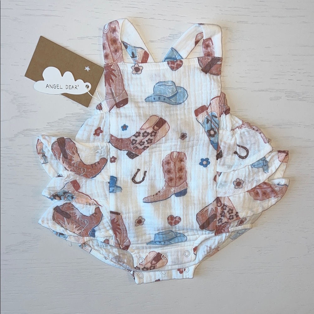 Angel Dear Ruffle Sunsuit Romper Cowboy Boots Pink 0-3 3-6 18-24 months